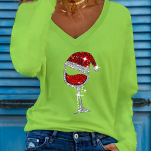 Women's Christmas Cartoon Regular Fit Cotton Blends Shirt & Top, Long sleeve tops, color:Green|size:XXL, JustFashionNow