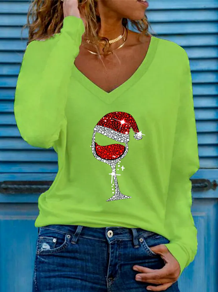 Women's Christmas Cartoon Regular Fit Cotton Blends Shirt & Top, Long sleeve tops, color:Green|size:XXL, JustFashionNow