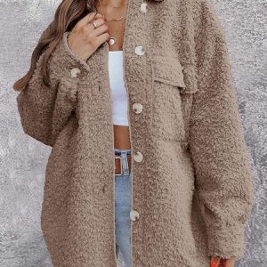 Casual Plain Shawl Collar Teddy Jacket, Coats, color:Coffee|size:XL, JustFashionNow