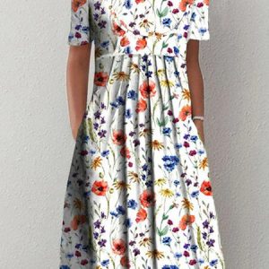Women Floral Loose Pockets Casual Short Sleeve Dress, Midi Dresses, Roselinlin - Online Catalog