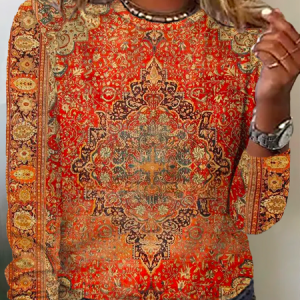 Plus size Ethnic Crew Neck Casual T-Shirt, T-Shirts, color:Orange|size:4X, JustFashionNow