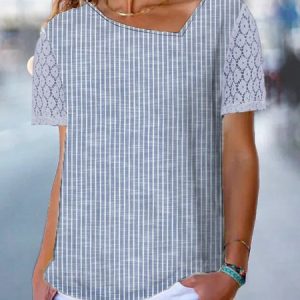 Asymmetrical Casual Striped Loose Lace Sleeve T-Shirt, T-shirts, color:Stripe|size:XXL, Noracora