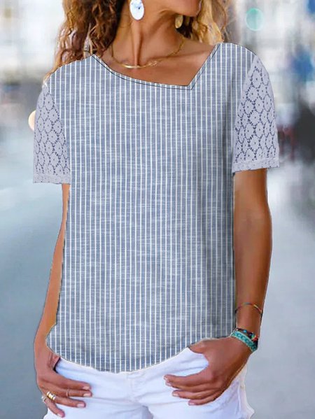 Asymmetrical Casual Striped Loose Lace Sleeve T-Shirt, T-Shirts, color:Stripe|size:XXL, JustFashionNow