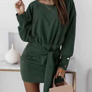 Women Plain Crew Neck Long Sleeve Comfy Casual Short Dress, Short, color:Army Green|size:3XL, Noracora