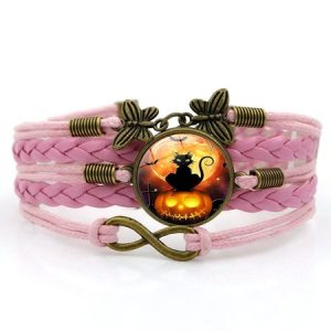 Halloween Black Cat Time Gem Bracelet Butterfly 8-character Hand Rope European and American Jewelry, Bracelet, color:Pink, Noracora