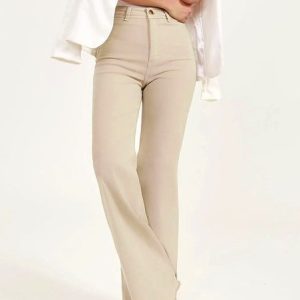 Urban Casual Light Khaki Wide Leg Jeans Flared Pants, Jeans, color:Apricot|size:XXL, JustFashionNow