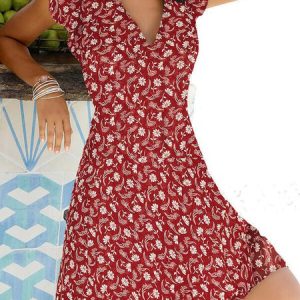Women Floral Slim Pullover V Neck Short Sleeve Short Dress, Short, color:Red|size:XS, catalog Noracora shop