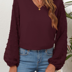 V Neck Long Sleeve Plain Regular Loose Shirt For Women, Blouses, color:Wine Red|size:XXL, Noracora