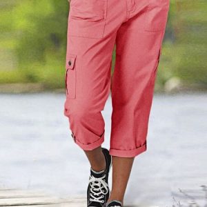 Loose Plain Cotton Casual Solid Roll Tab Hem Multi Pocket Capri Pants, Pants, color:Pink|size:XXL, JustFashionNow