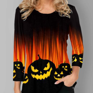 Casual Halloween Crew Neck Three Quarter Sleeve T-shirt, T-shirts, color:Red|size:5XL, Noracora