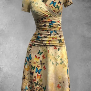 Cross Neck Butterfly Regular Fit Casual Dress, Dresses, color:Tan|size:XXL, JustFashionNow