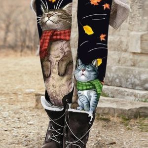 Cat Maple Leggings, Leggings, color:Black|size:XXL, Noracora
