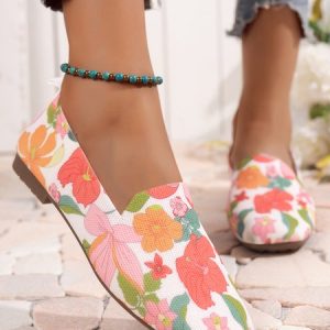 Floral Breathable Mesh Fabric Casual Square Toe Slip On Shoes, Flats, color:As Picture|size:43, JustFashionNow