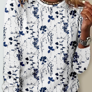Women's Regular Fit Simple Blue Floral Crew Neck Shirt, color:Blue|size:3XL, Lilicloth.com