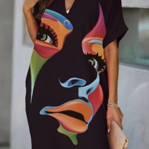 Daily V Neck Loosen Figure Short Sleeve Mini Dress, Mini Dresses, color:Black|size:XS, Stylewe