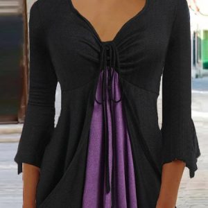 V Neck Cotton-Blend Casual Regular Fit Top, Shirts & Blouses, color:Black|size:XXL, JustFashionNow