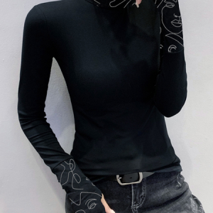 High Elasticity Tight Abstract Urban Turtleneck Long sleeve T-Shirt, Tees, color:Black|size:XXL, Stylewe