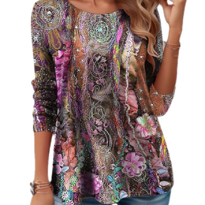 Casual Floral Crew Neck Long Sleeve T-shirt, T-shirts, color:Pink|size:5XL, Noracora