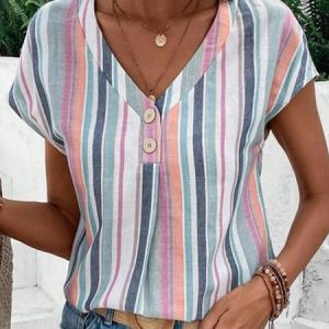 V Neck Short Sleeve Striped Buckle Regular Loose TUNIC Shirt For Women, Blouses, color:Multicolor|size:XXL, Noracora