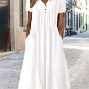 Casual Plain V-Neck Short Sleeve Knit Dress, Maxi, color:White|size:XXL, catalog Noracora shop