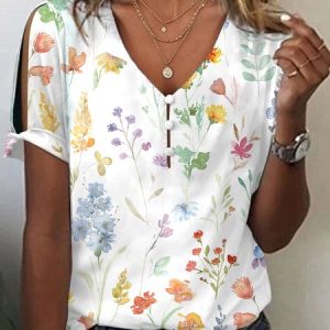Casual Buckle Loose Floral T-Shirt, T-Shirts, color:White|size:XXL, JustFashionNow