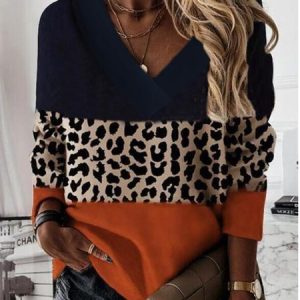 Loose Cotton Blends V Neck Long Sleeve Casual Printed Tunic Top, T-shirts, color:As Picture|size:XXL, Noracora