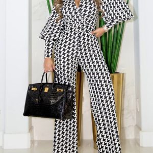 Urban Lantern Sleeve Houndstooth Half Open Collar Jumpsuit, Jumpsuits, color:Black-white|size:XXL, Stylewe