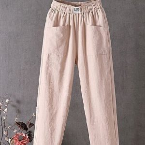 Casual Plain Natural Ankle Pants Straight Pants, Pants, color:Apricot|size:4XL, Noracora