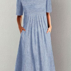 Casual Crew Neck Loose Dress, Midi, color:Blue|size:XXL, Noracora