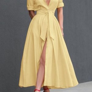 Plain Elegant Regular Fit Short Sleeve Shirt Collar Dress, Midi Dresses, color:Yellow|size:XXL, Stylewe