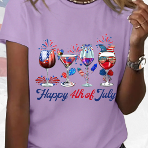 Women's Happy 4th of July Wine Glasses Simple America Flag T-Shirt, color:Purple|size:3XL, Lilicloth.com