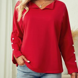 Regular Fit V Neck Casual Plain Sweatshirt, color:Red|size:3XL, Lilicloth.com