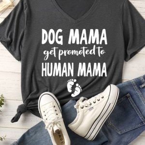 Lilicloth X Funnpaw Women's Dog Mom Get Promoted To Human Mom Matching V Neck T-Shirt, color:Gray|size:XXL, Lilicloth.com