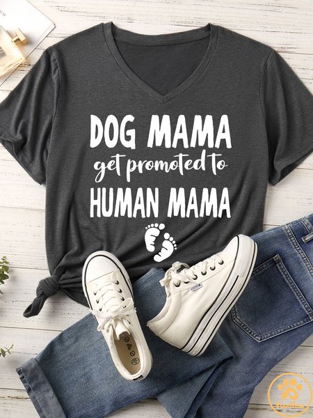 Lilicloth X Funnpaw Women's Dog Mom Get Promoted To Human Mom Matching V Neck T-Shirt, color:Gray|size:XXL, Lilicloth.com