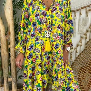 Vacation Loose Plants V Neck Dress With No, Dresses, color:Color20|size:5XL, JustFashionNow
