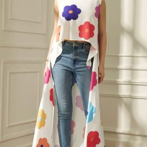 Loose Casual Floral Sleeveless Crew Neck Shirt, Blouses and Shirts, color:White|size:XXL, Stylewe
