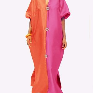 Color Block Elegant Loose Half Sleeve Dress, Maxi Dresses, color:As Picture|size:XXL, Stylewe