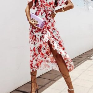 V Neck Vacation Ruffled Sleeves Printing Dress, Dresses, color:Red|size:XXL, JustFashionNow
