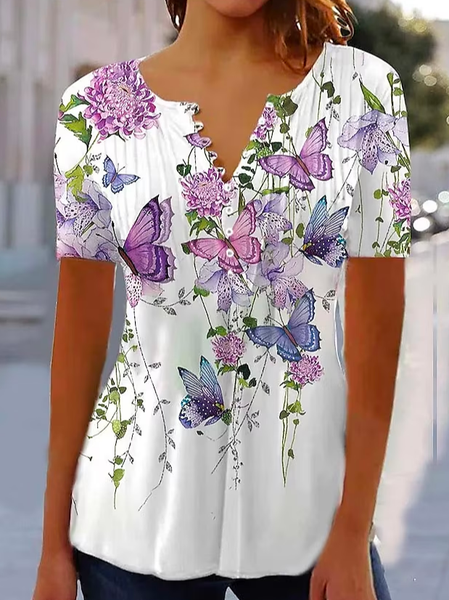 Vacation Floral V Neck Loose T-Shirt, T-Shirts, color:White|size:XXL, JustFashionNow