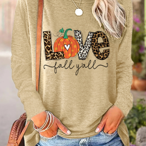 Women Love Pumpkin Print Halloween Cotton-Blend Top, color:Khaki|size:3XL, Lilicloth.com