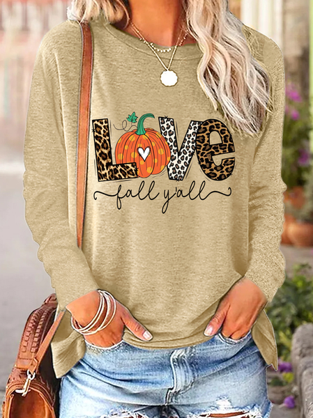 Women Love Pumpkin Print Halloween Cotton-Blend Top, Long sleeves, Lilicloth.com
