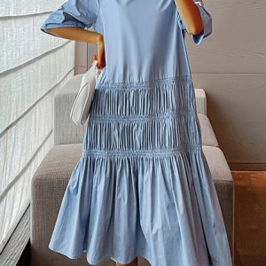 Women Plain Crew Neck Three Quarter Sleeve Comfy Casual Maxi Dress, Maxi, color:Blue|size:XXL, Noracora