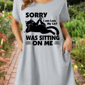 Lilicloth X Y Sorry I Am Late My Cat Was Sitting On Me Women's V Neck Dress, color:Gray|size:3XL, Lilicloth.com
