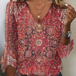 Ethnic Knitted Casual Loose T-Shirt, T-Shirts, color:Red|size:4X, JustFashionNow