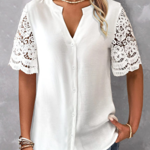 Loose Lace Simple Plain Blouse, Shirts & Blouses, color:White|size:XXL, JustFashionNow