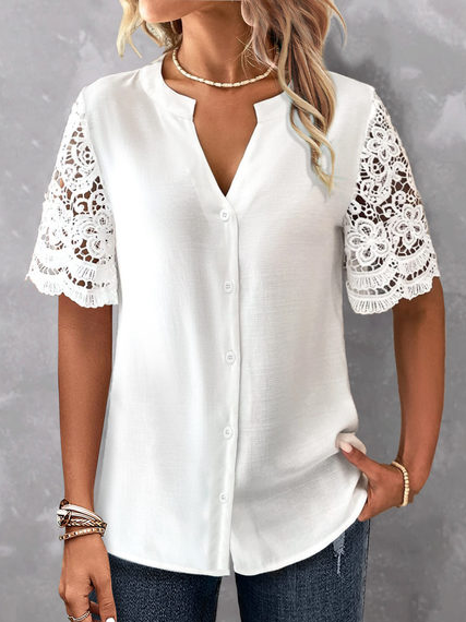 Loose Lace Simple Plain Blouse, Shirts & Blouses, color:White|size:XXL, JustFashionNow