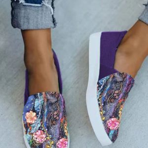 Casual Purple Floral Printed Canvas Slip On Shoes, color:Purple|size:43, Lilicloth.com