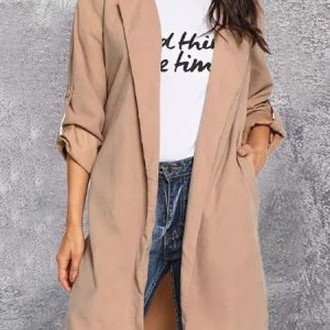 Casual Plain Regular Fit Trench Coat, Trench Coats, color:Apricot|size:XL, JustFashionNow
