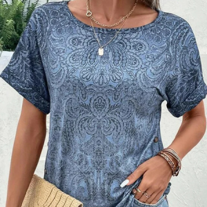 Floral Loose Casual Crew Neck T-Shirt, T-Shirts, color:Black-blue|size:XXL, JustFashionNow
