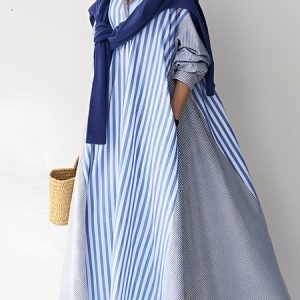 Striped Urban Loose Maxi Dress With No Belt, Maxi Dresses, color:Blue|size:XXL, Stylewe